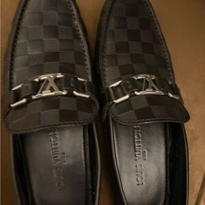 Louis Vuitton Black Damier Pattern Men’s Slip-On Loafers with Silver LV Bit